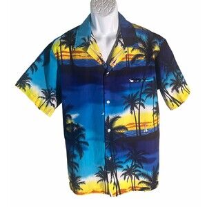 SHORELINE HAWAII Men's Short‎ Sleeve Button Down Sunset Shirt Polyester Large